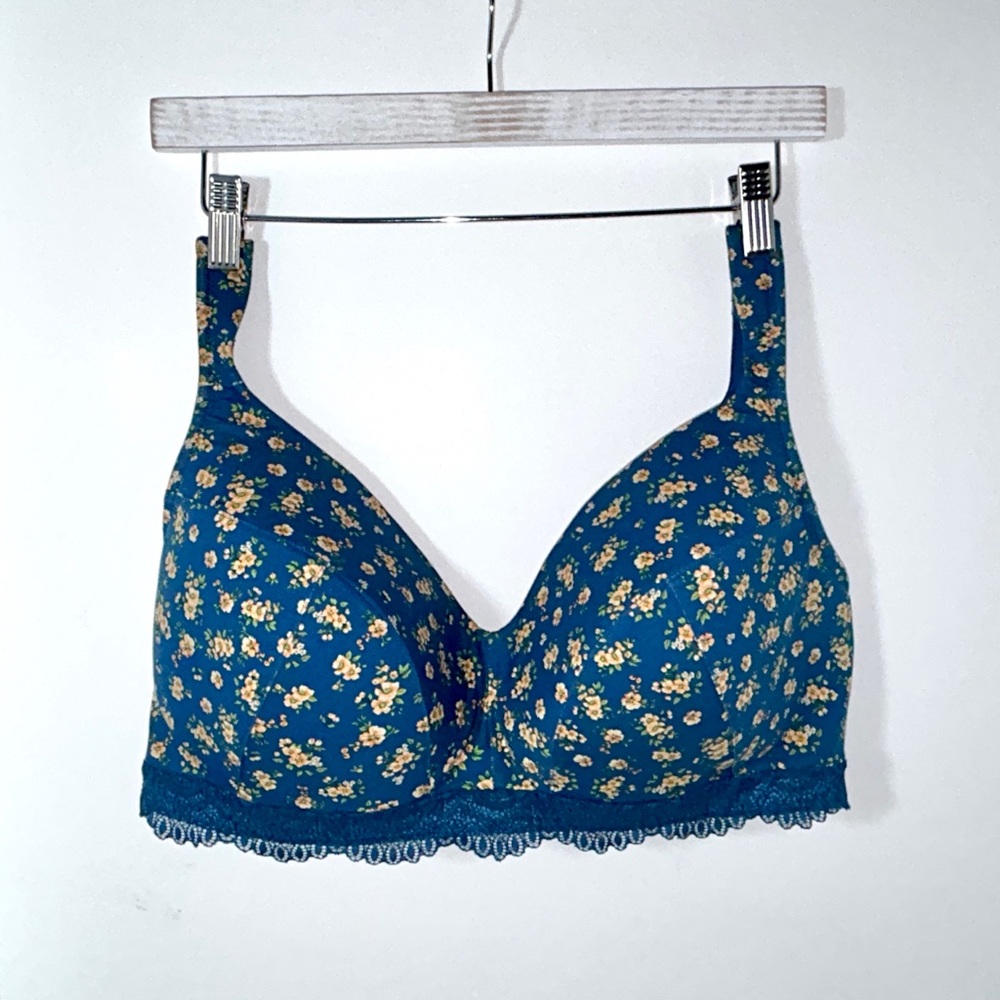 Hips & Curves Women's Plus Size‎ Cotton No Wire Teal Floral  Print Bra 40DDD NEW